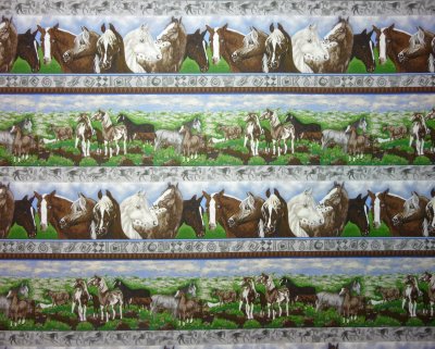 Brown/Tan/Whtie Horses in Rows on Green, Brown and Grey Backgrou - Click Image to Close