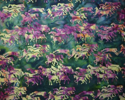 Batik Tan and Purple Horses on Mottled Green Background - Click Image to Close